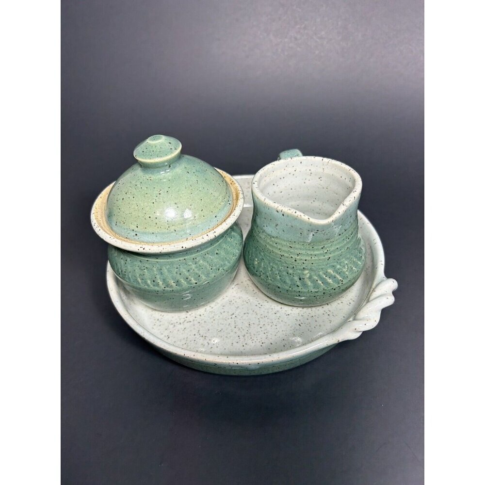 Signed Studio Art Pottery Cream And Sugar On Serving Tray Green Speckled Glaze - Picture 3 of 11